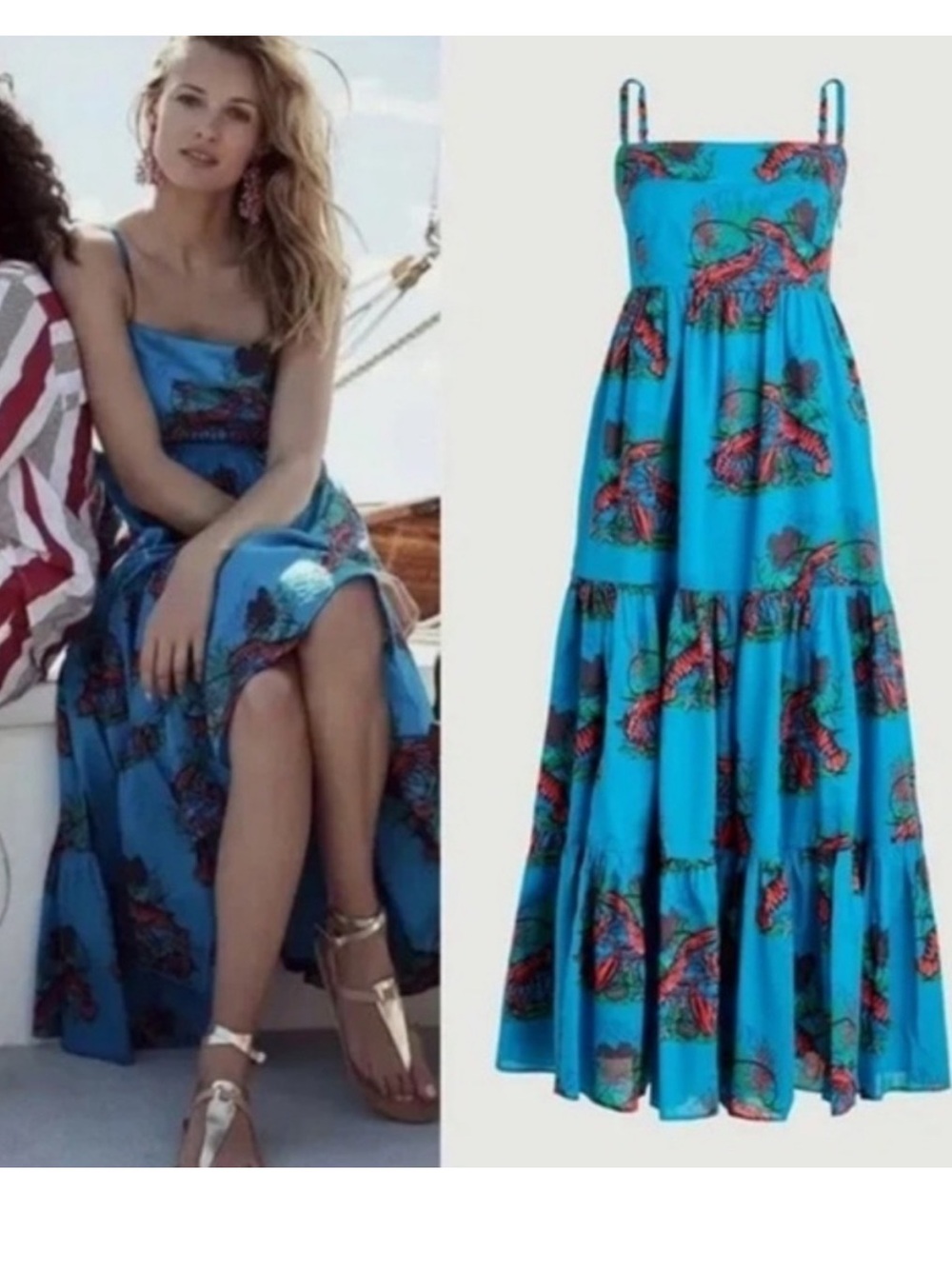 J Crew Crayfish Printed Graphic Tiered Blue Cotton Long Dress Size 12